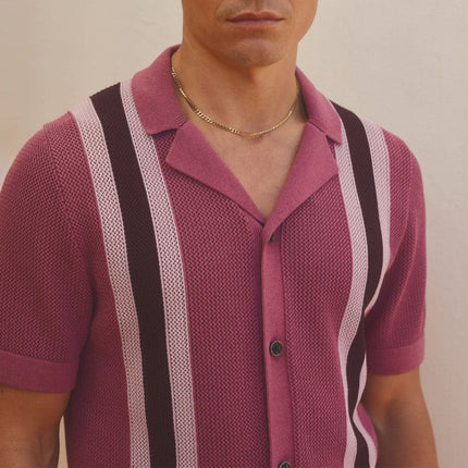 Men’s Knit Shirt – Short Sleeve Button-Up with Vertical Stripes