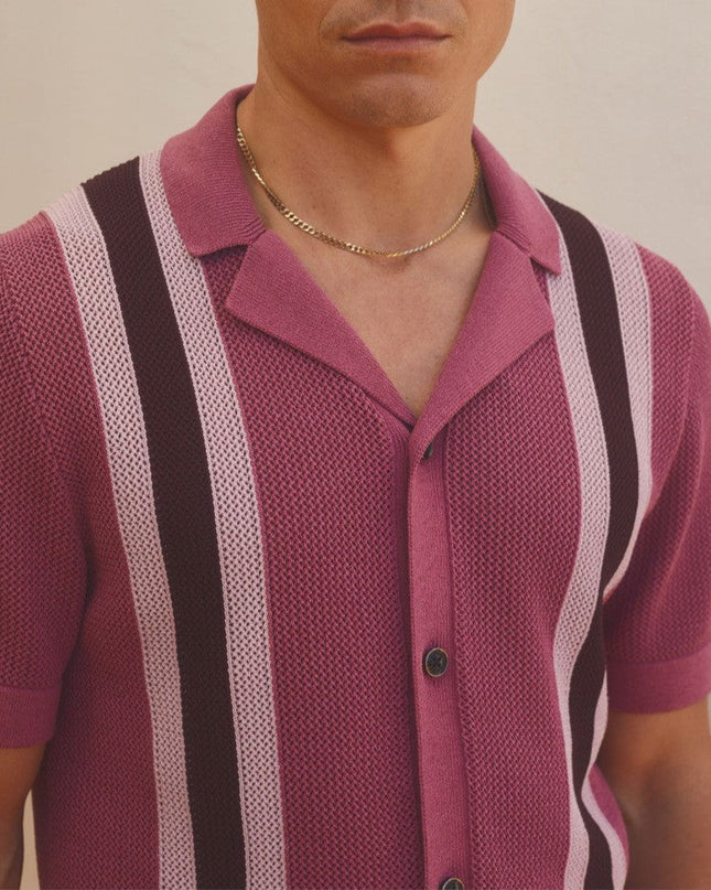 Men’s Knit Shirt – Short Sleeve Button-Up with Vertical Stripes