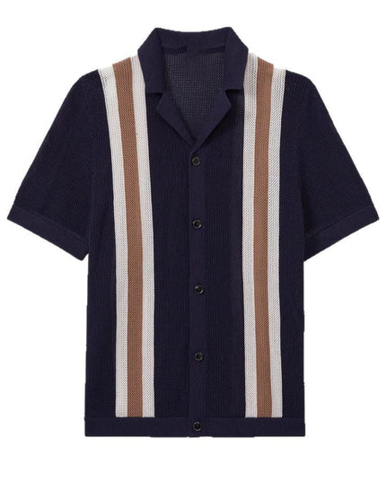 Men’s Knit Shirt – Short Sleeve Button-Up with Vertical Stripes