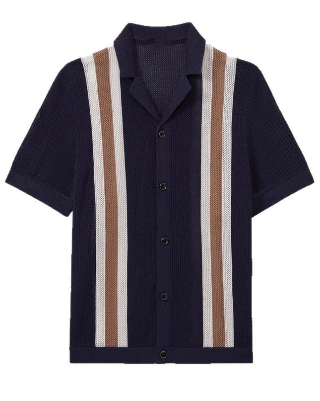 Men’s Knit Shirt – Short Sleeve Button-Up with Vertical Stripes