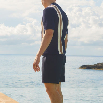 Men’s Knit Shirt – Short Sleeve Button-Up with Vertical Stripes