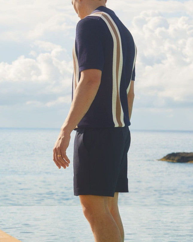 Men’s Knit Shirt – Short Sleeve Button-Up with Vertical Stripes