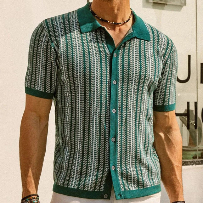 Men’s Pattern Knit Shirt – Short Sleeve Button-Up