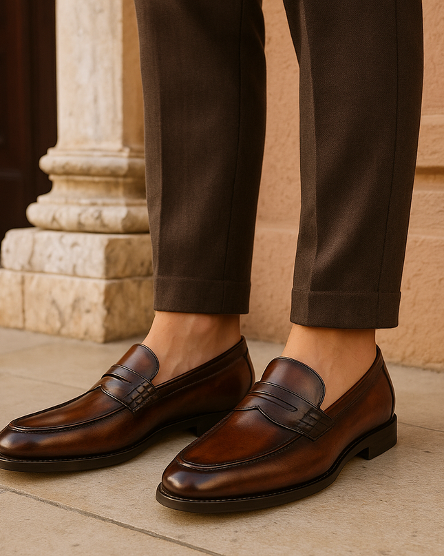 Men’s Penny Loafers with Apron Toe and Slip-On Design