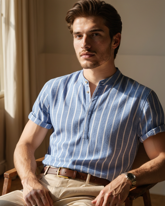 Men’s Striped Band Collar Shirt