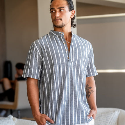 Men’s Striped Band Collar Shirt