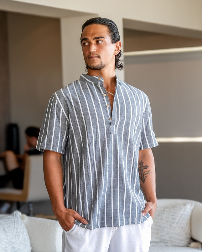 Men’s Striped Band Collar Shirt