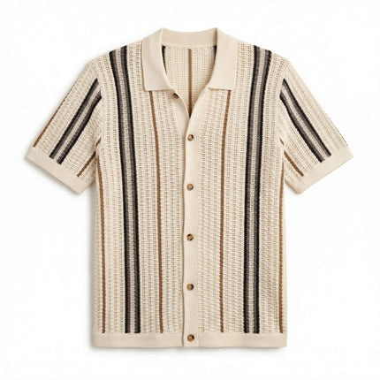 Men’s Striped Knit Shirt – Short Sleeve Button-Up