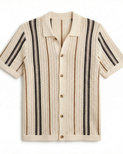Men’s Striped Knit Shirt – Short Sleeve Button-Up