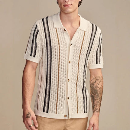 Men’s Striped Knit Shirt – Short Sleeve Button-Up