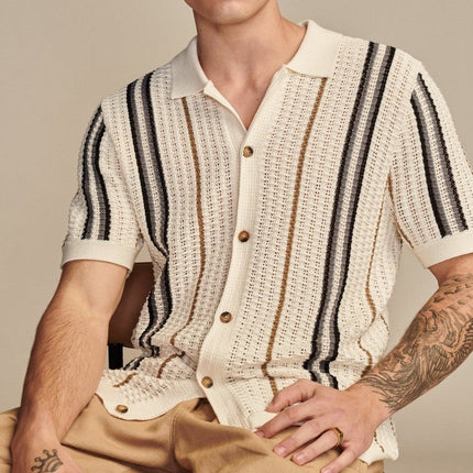 Men’s Striped Knit Shirt – Short Sleeve Button-Up