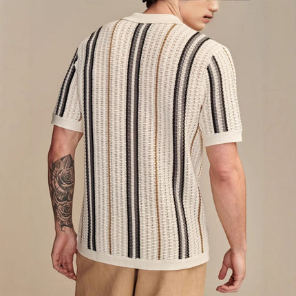 Men’s Striped Knit Shirt – Short Sleeve Button-Up