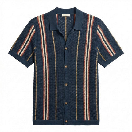 Men’s Striped Knit Shirt – Short Sleeve Button-Up