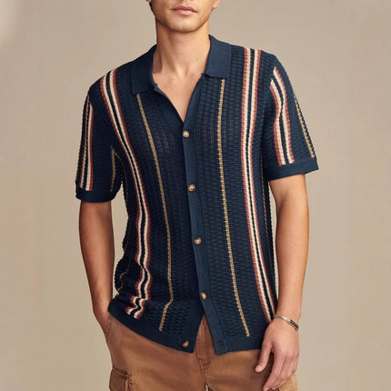 Men’s Striped Knit Shirt – Short Sleeve Button-Up