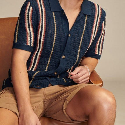 Men’s Striped Knit Shirt – Short Sleeve Button-Up