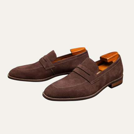 Men’s Suede Penny Loafers with Almond Toe and Low Heel
