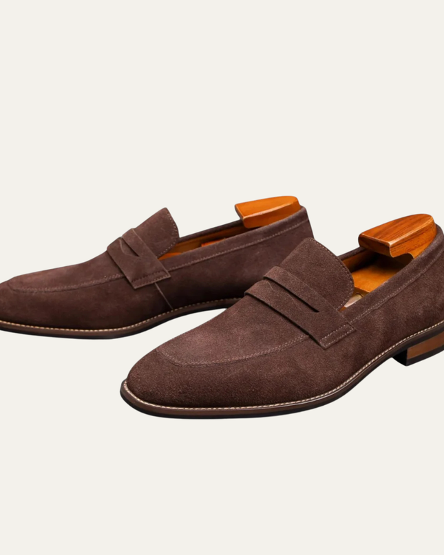 Men’s Suede Penny Loafers with Almond Toe and Low Heel