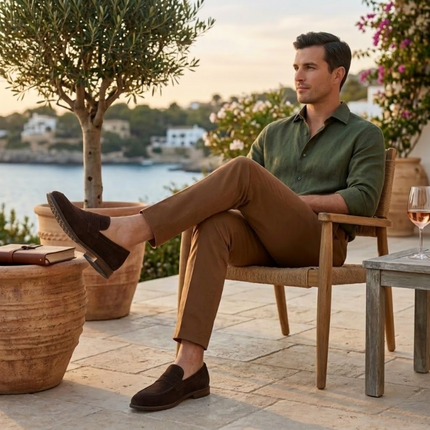 Men’s Suede Penny Loafers with Almond Toe and Low Heel