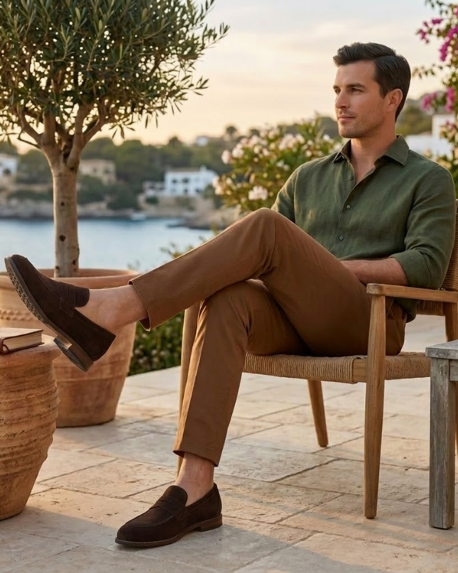 Men’s Suede Penny Loafers with Almond Toe and Low Heel
