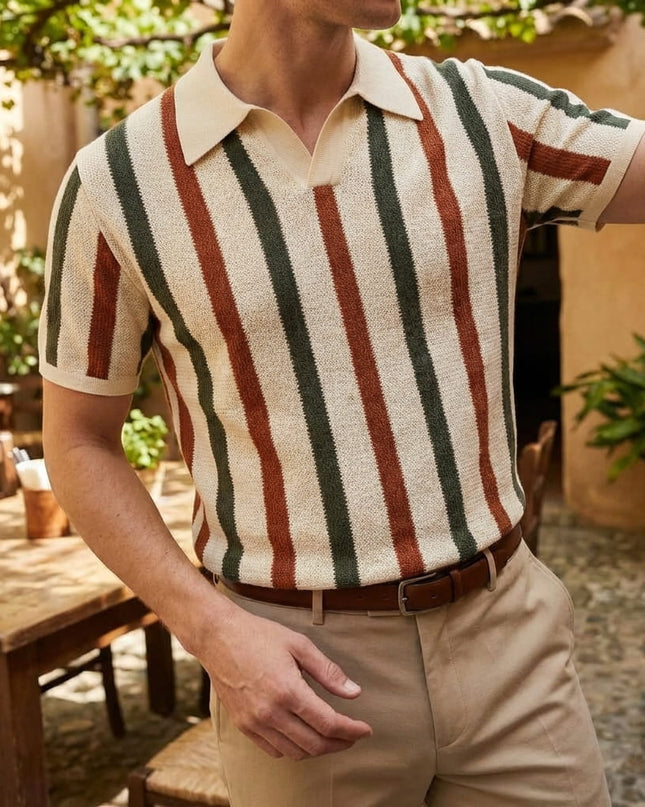 Men’s Summer Knit Polo – Vertical Stripe Shirt