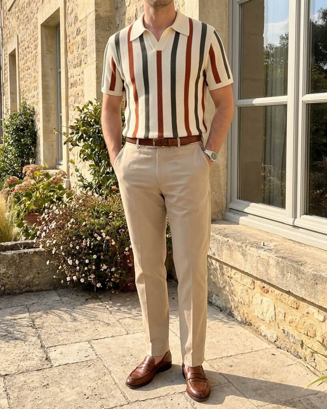 Men’s Summer Knit Polo – Vertical Stripe Shirt