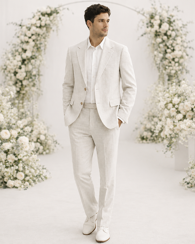 Men’s Linen Two-Piece Suit Set with Notch Lapel and Slim Trousers