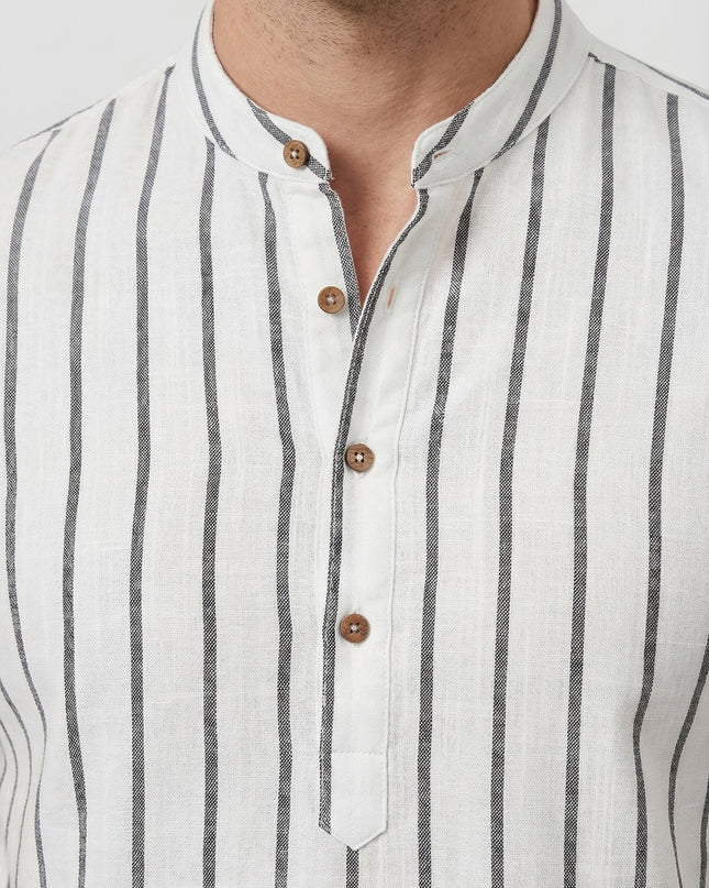 Men's Shirt Cotton Striped Short Sleeve Mandarin Collar Casual Summer