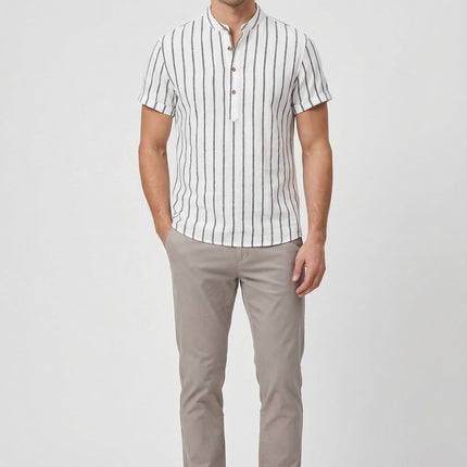 Men's Shirt Cotton Striped Short Sleeve Mandarin Collar Casual Summer