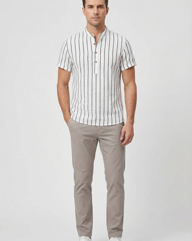 Men's Shirt Cotton Striped Short Sleeve Mandarin Collar Casual Summer