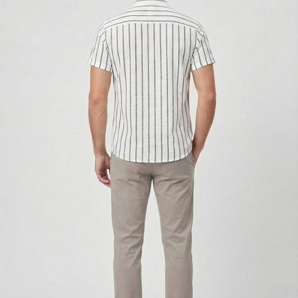 Men's Shirt Cotton Striped Short Sleeve Mandarin Collar Casual Summer