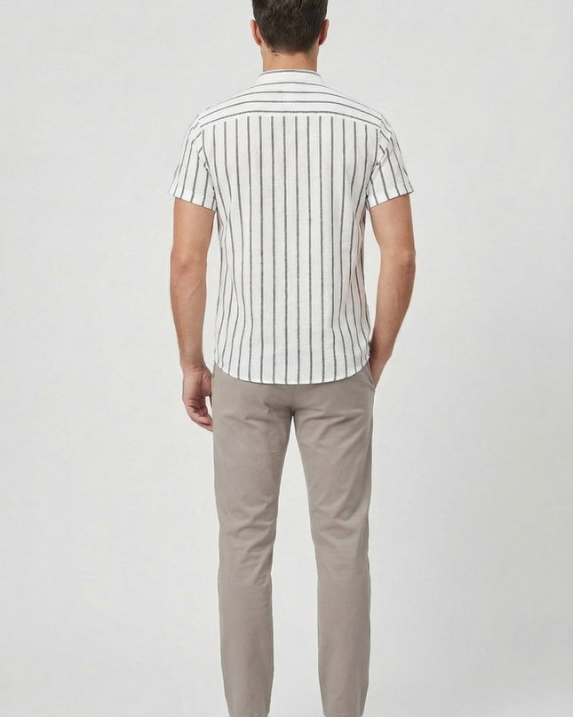 Men's Shirt Cotton Striped Short Sleeve Mandarin Collar Casual Summer