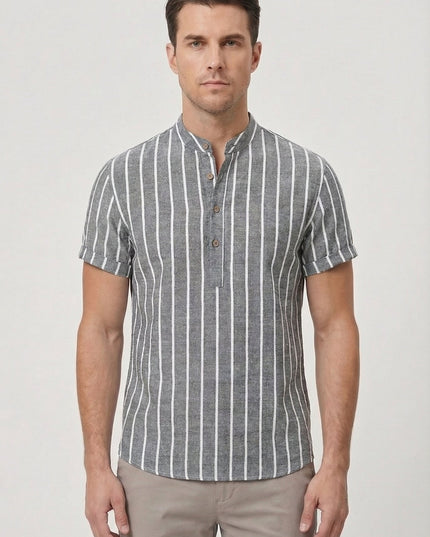 Men's Shirt Cotton Striped Short Sleeve Mandarin Collar Casual Summer