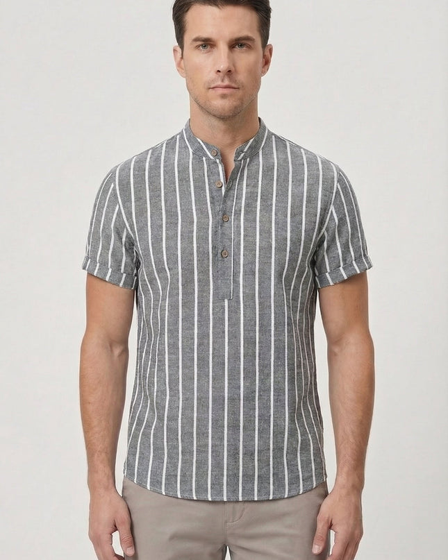 Men's Shirt Cotton Striped Short Sleeve Mandarin Collar Casual Summer