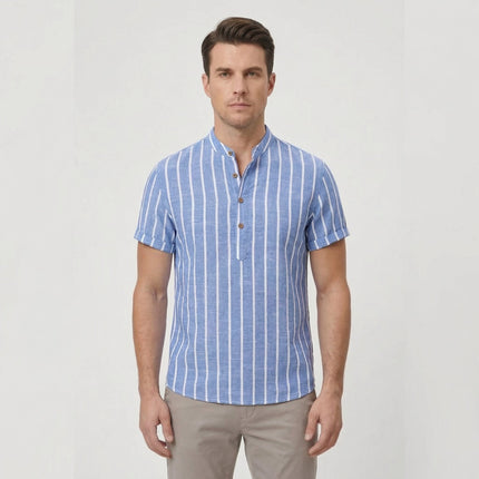 Men's Shirt Cotton Striped Short Sleeve Mandarin Collar Casual Summer