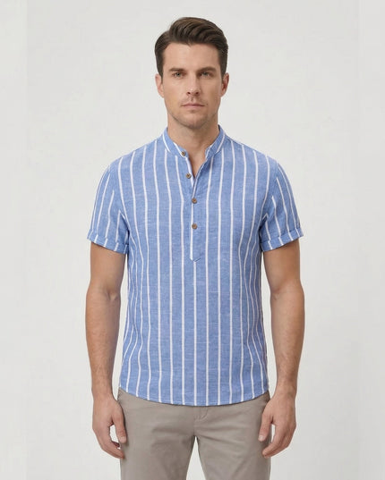 Men's Shirt Cotton Striped Short Sleeve Mandarin Collar Casual Summer