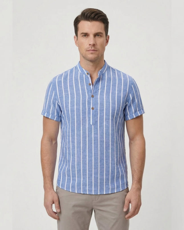 Men's Shirt Cotton Striped Short Sleeve Mandarin Collar Casual Summer