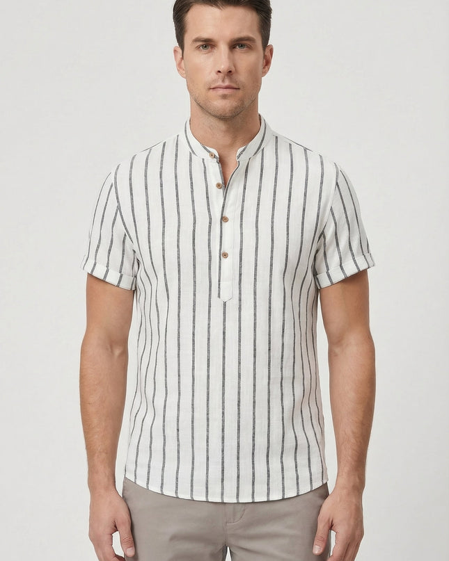 Men's Shirt Cotton Striped Short Sleeve Mandarin Collar Casual Summer