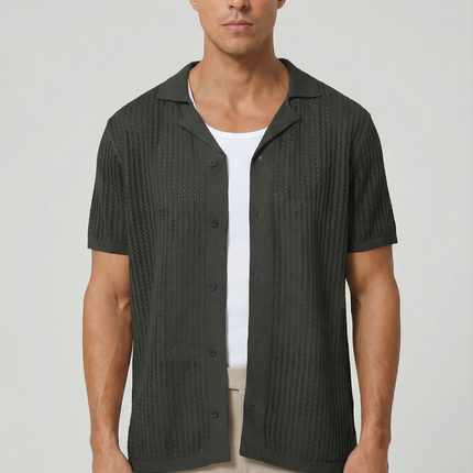 Men's Shirt Crochet Knit Relaxed Fit Button-Up Lightweight Casual Design
