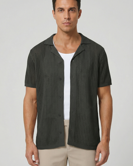 Men's Shirt Crochet Knit Relaxed Fit Button-Up Lightweight Casual Design
