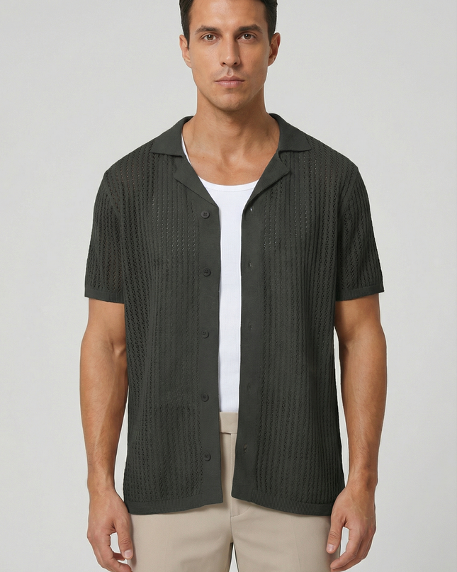 Men's Shirt Crochet Knit Relaxed Fit Button-Up Lightweight Casual Design