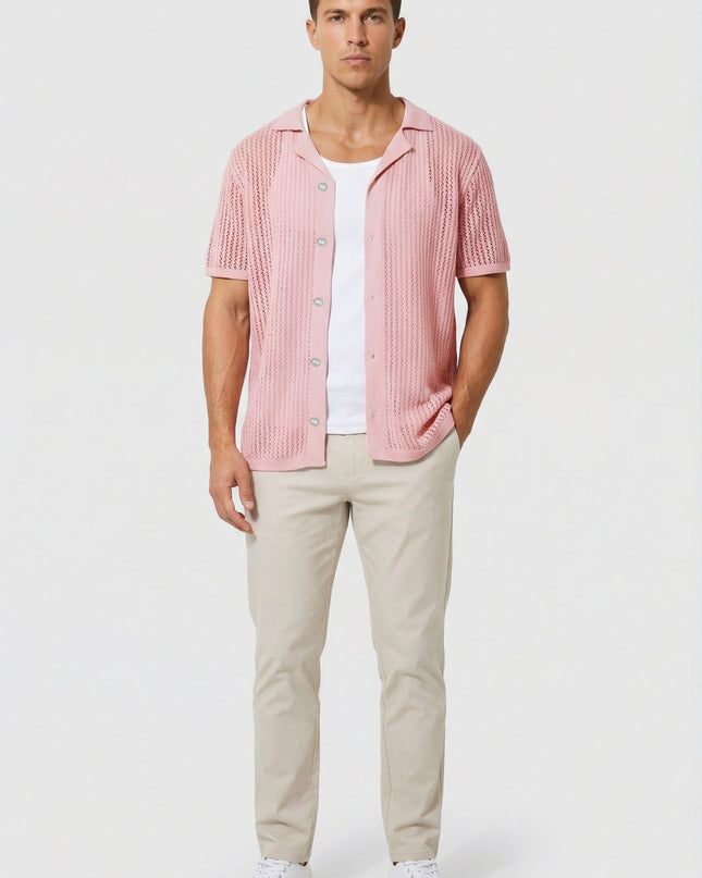 Men's Shirt Crochet Knit Relaxed Fit Button-Up Lightweight Casual Design