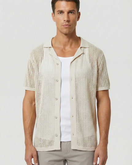 Men's Shirt Crochet Knit Relaxed Fit Button-Up Lightweight Casual Design