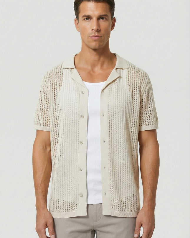 Men's Shirt Crochet Knit Relaxed Fit Button-Up Lightweight Casual Design