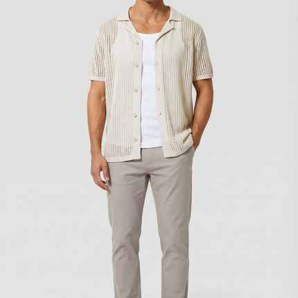 Men's Shirt Crochet Knit Relaxed Fit Button-Up Lightweight Casual Design