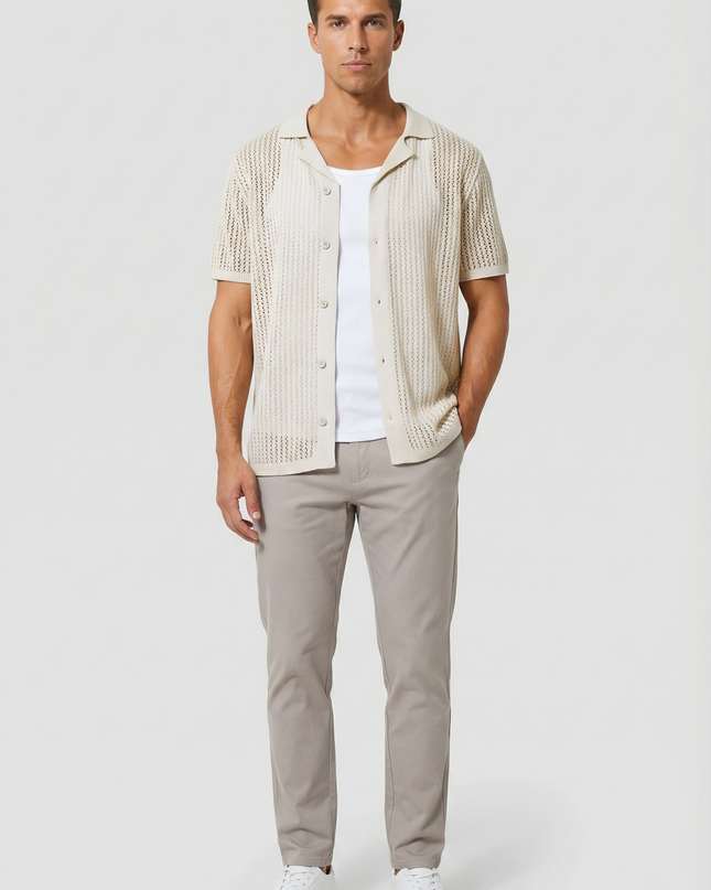 Men's Shirt Crochet Knit Relaxed Fit Button-Up Lightweight Casual Design