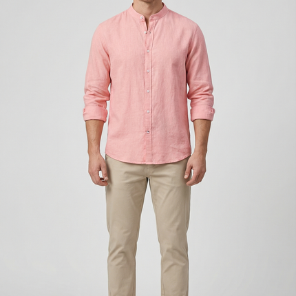 Men's Shirt Linen Relaxed Fit Mandarin Collar Lightweight Casual