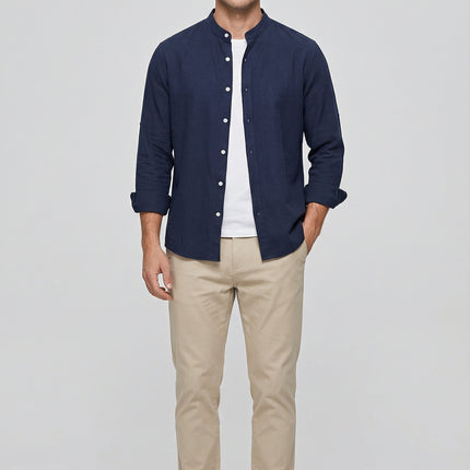 Men's Shirt Linen Relaxed Fit Mandarin Collar Lightweight Casual