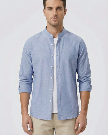 Men's Shirt Linen Relaxed Fit Mandarin Collar Lightweight Casual