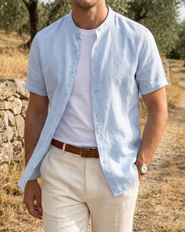 Men’s Short Sleeve Band Collar Shirt