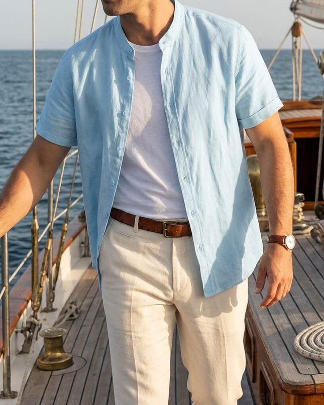 Men’s Short Sleeve Band Collar Shirt